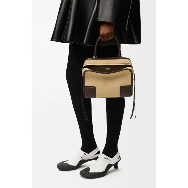 Loewe Small Amazona 180 bag in suede, Oro/Chocolat | Totes & Top-Handle Bags | Luxury Shoes 