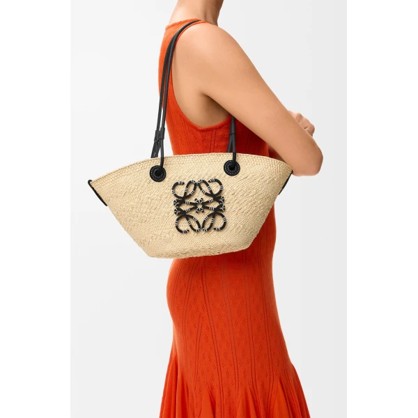 Loewe Small Anagram basket bag in iraca palm and calfskin, Natural/Black | Totes & Top-Handle Bags | Luxury Shoes 