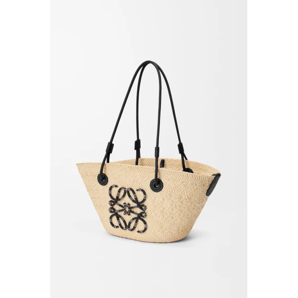 Loewe Small Anagram basket bag in iraca palm and calfskin, Natural/Black | Totes & Top-Handle Bags | Luxury Shoes 