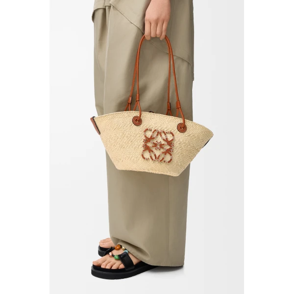 Loewe Small Anagram basket bag in iraca palm and calfskin, Natural/Tan | Totes & Top-Handle Bags | Luxury Shoes 