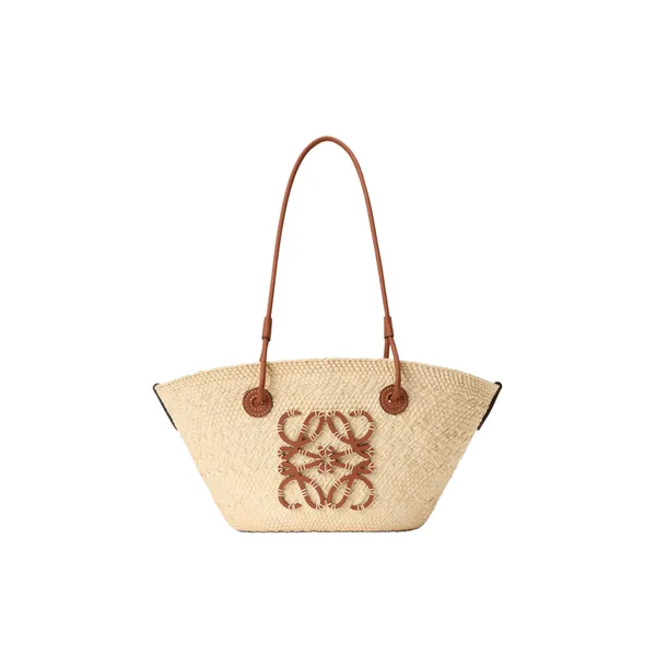 Small Anagram basket bag in iraca palm and calfskin, Natural/Tan