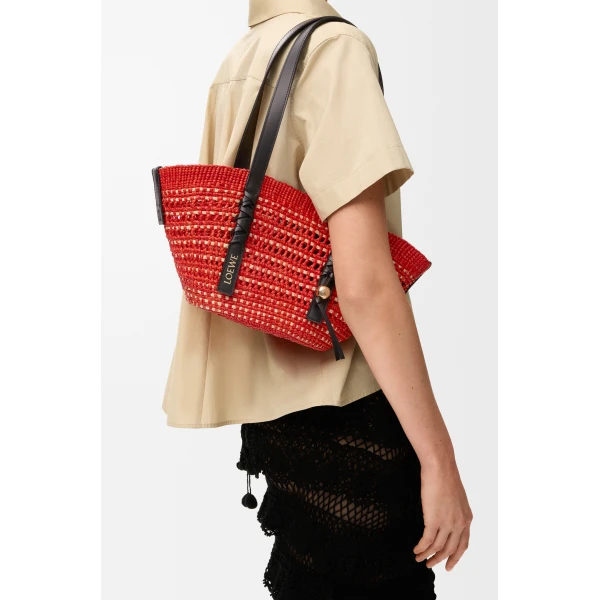 Loewe Small Braid basket in iraca palm and calfskin, Red/Natural | Totes & Top-Handle Bags | Luxury Shoes 