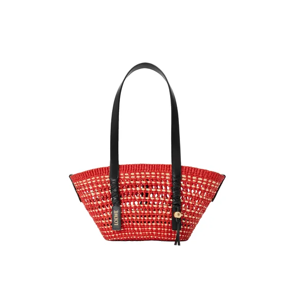 Small Braid basket in iraca palm and calfskin, Red/Natural