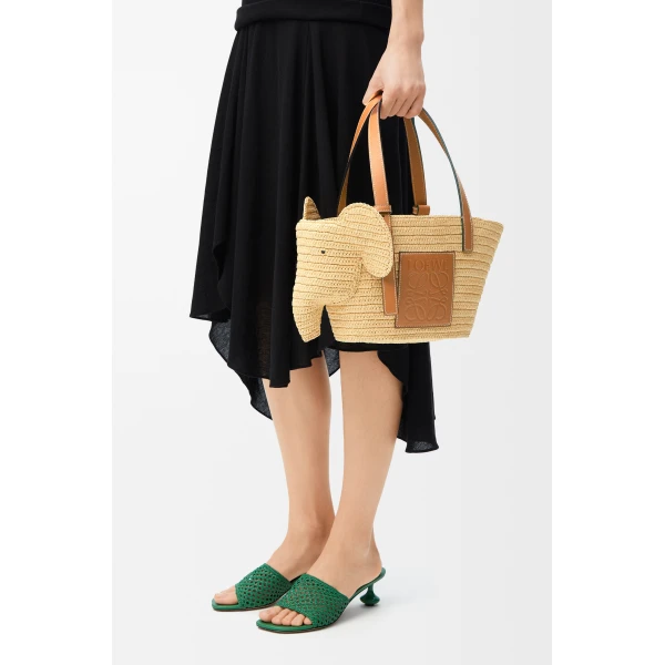 Loewe Small Elephant basket in raffia and calfskin, Natural/Tan | Totes & Top-Handle Bags | Luxury Shoes 