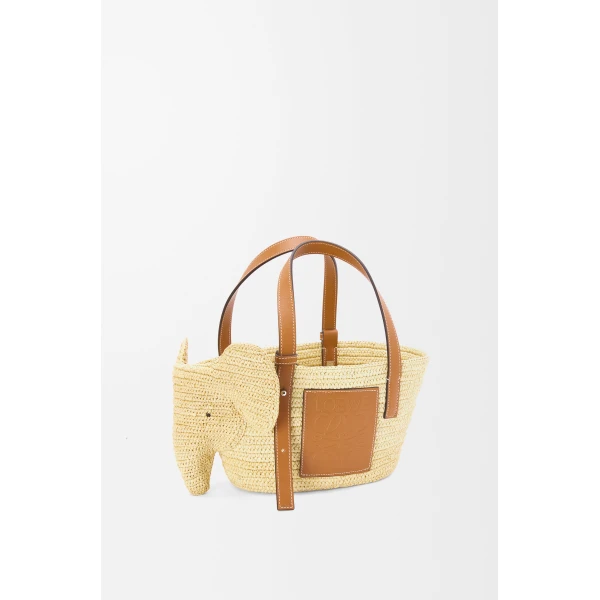 Loewe Small Elephant basket in raffia and calfskin, Natural/Tan | Totes & Top-Handle Bags | Luxury Shoes 