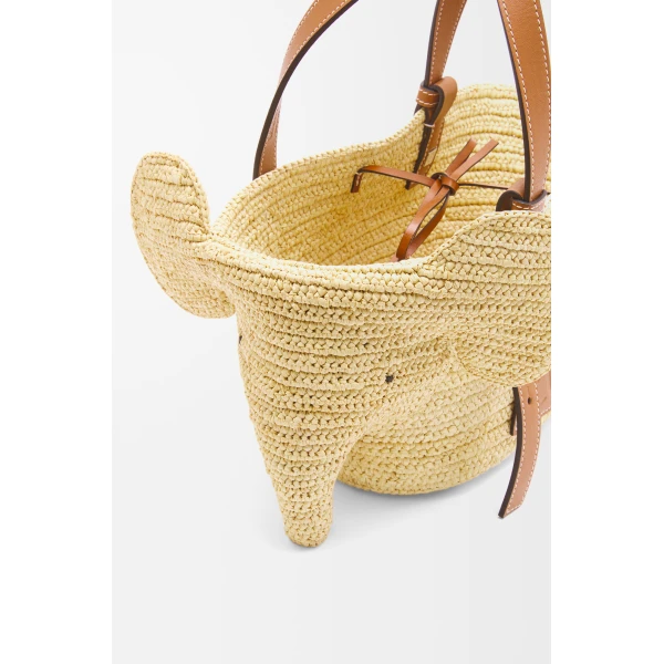 Loewe Small Elephant basket in raffia and calfskin, Natural/Tan | Totes & Top-Handle Bags | Luxury Shoes 