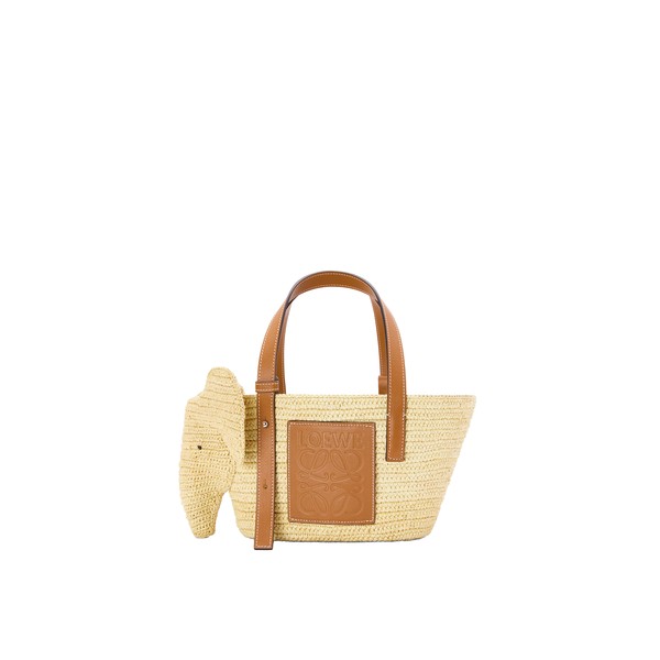 Loewe Small Elephant basket in raffia and calfskin, Natural/Tan | Totes & Top-Handle Bags | Luxury Shoes 