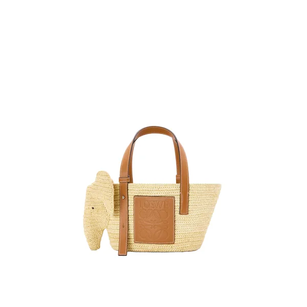 Small Elephant basket in raffia and calfskin, Natural/Tan
