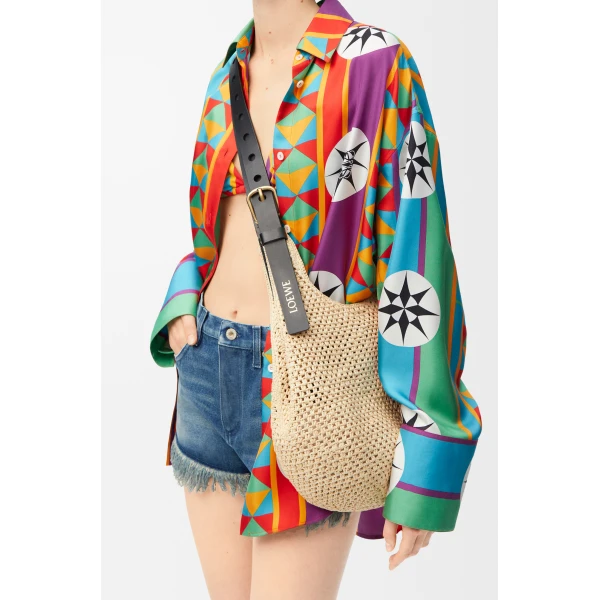 Loewe Small Punch Hole hobo in raffia and calfskin, Natural/Black | Totes & Top-Handle Bags | Luxury Shoes 