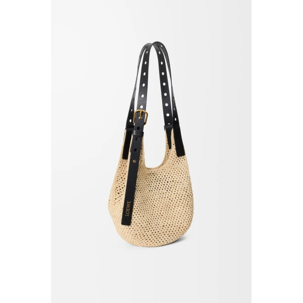 Loewe Small Punch Hole hobo in raffia and calfskin, Natural/Black | Totes & Top-Handle Bags | Luxury Shoes 