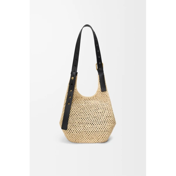 Loewe Small Punch Hole hobo in raffia and calfskin, Natural/Black | Totes & Top-Handle Bags | Luxury Shoes 