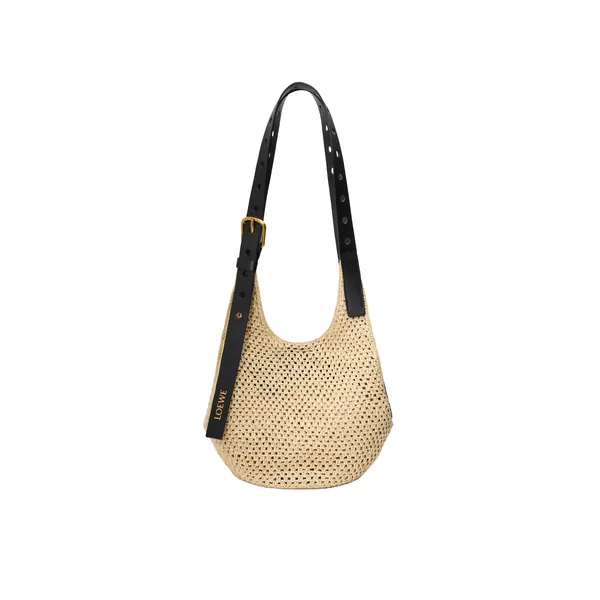 Small Punch Hole hobo in raffia and calfskin, Natural/Black