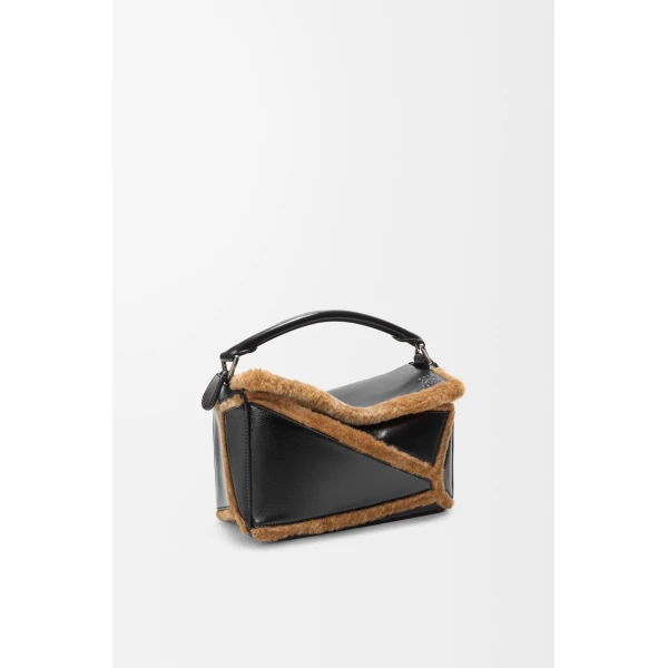 Loewe Small Puzzle Aviator bag in glossy lambskin and shearling, Black/Brown | Shoulder & Crossbody Bags | Luxury Shoes 