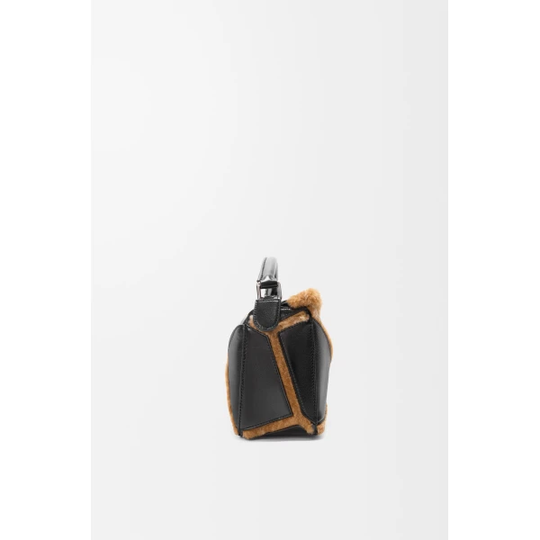 Loewe Small Puzzle Aviator bag in glossy lambskin and shearling, Black/Brown | Shoulder & Crossbody Bags | Luxury Shoes 