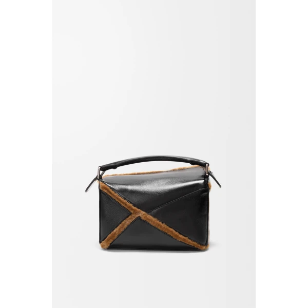 Loewe Small Puzzle Aviator bag in glossy lambskin and shearling, Black/Brown | Shoulder & Crossbody Bags | Luxury Shoes 