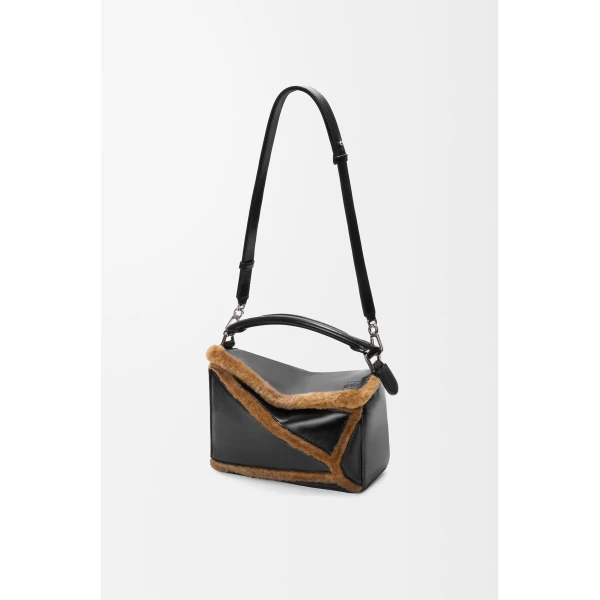 Loewe Small Puzzle Aviator bag in glossy lambskin and shearling, Black/Brown | Shoulder & Crossbody Bags | Luxury Shoes 