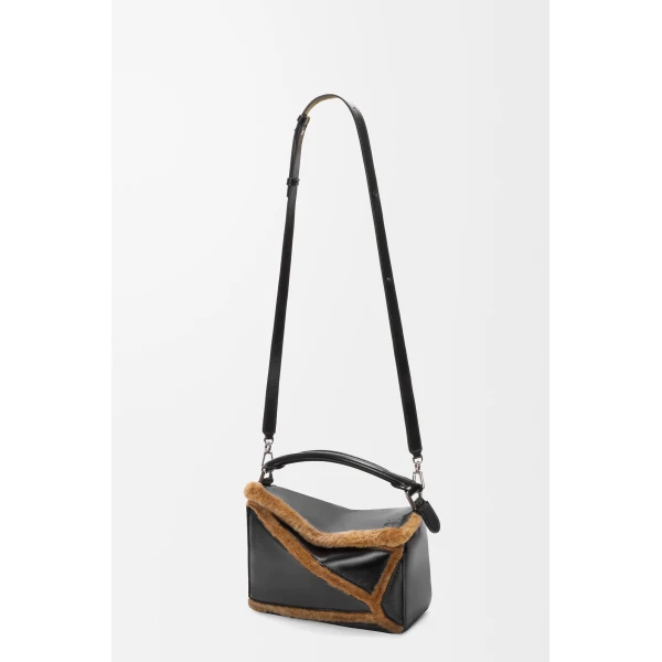 Loewe Small Puzzle Aviator bag in glossy lambskin and shearling, Black/Brown | Shoulder & Crossbody Bags | Luxury Shoes 
