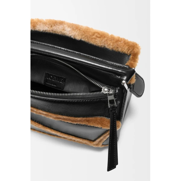 Loewe Small Puzzle Aviator bag in glossy lambskin and shearling, Black/Brown | Shoulder & Crossbody Bags | Luxury Shoes 