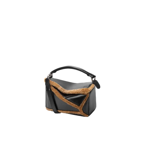 Loewe Small Puzzle Aviator bag in glossy lambskin and shearling, Black/Brown | Shoulder & Crossbody Bags | Luxury Shoes 