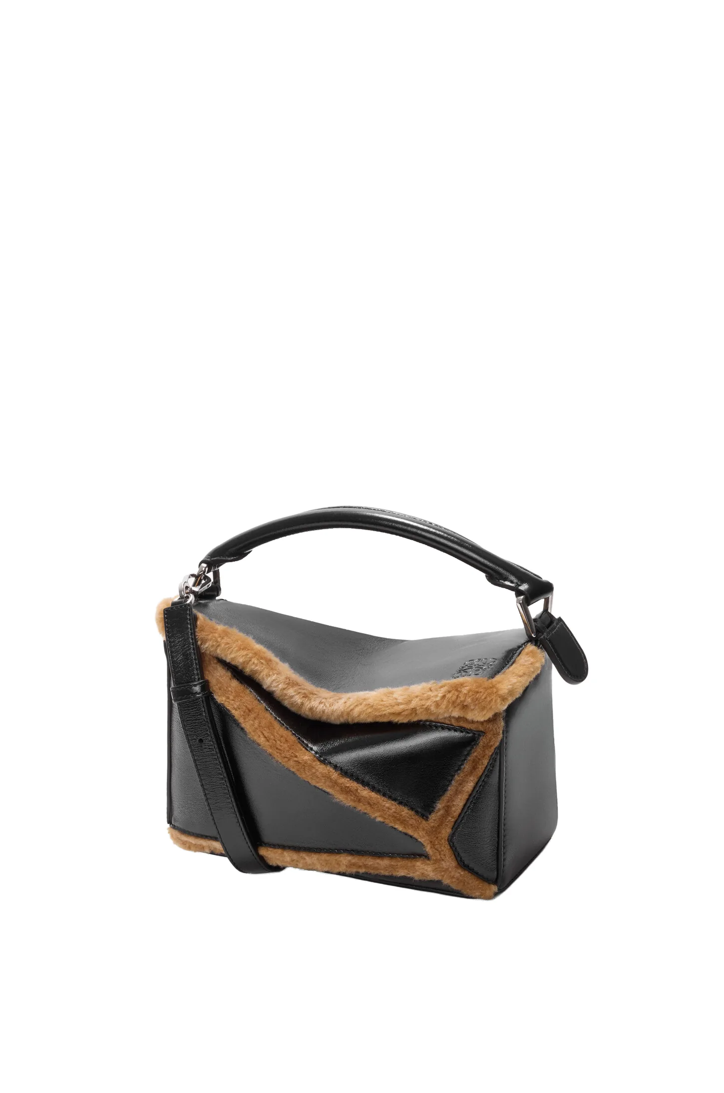 Loewe Small Puzzle Aviator bag in glossy lambskin and shearling, Black/Brown | Shoulder & Crossbody Bags | Luxury Shoes Loewe Small Puzzle Aviator bag in glossy lambskin and shearling, Black/Brown | Shoulder & Crossbody Bags | Luxury Shoes