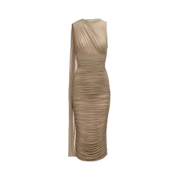 Asymmetric draped midi dress with scarf detail in beige