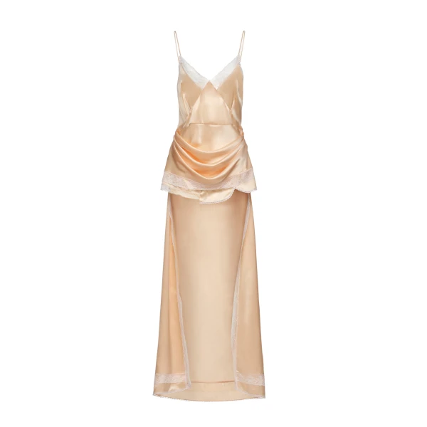 Asymmetric lace-trim slip dress in peach