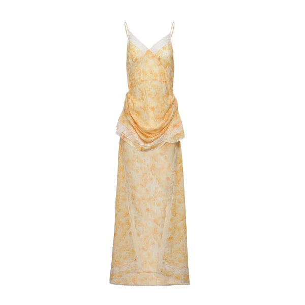 Asymmetric lace-trim slip dress in yellow print