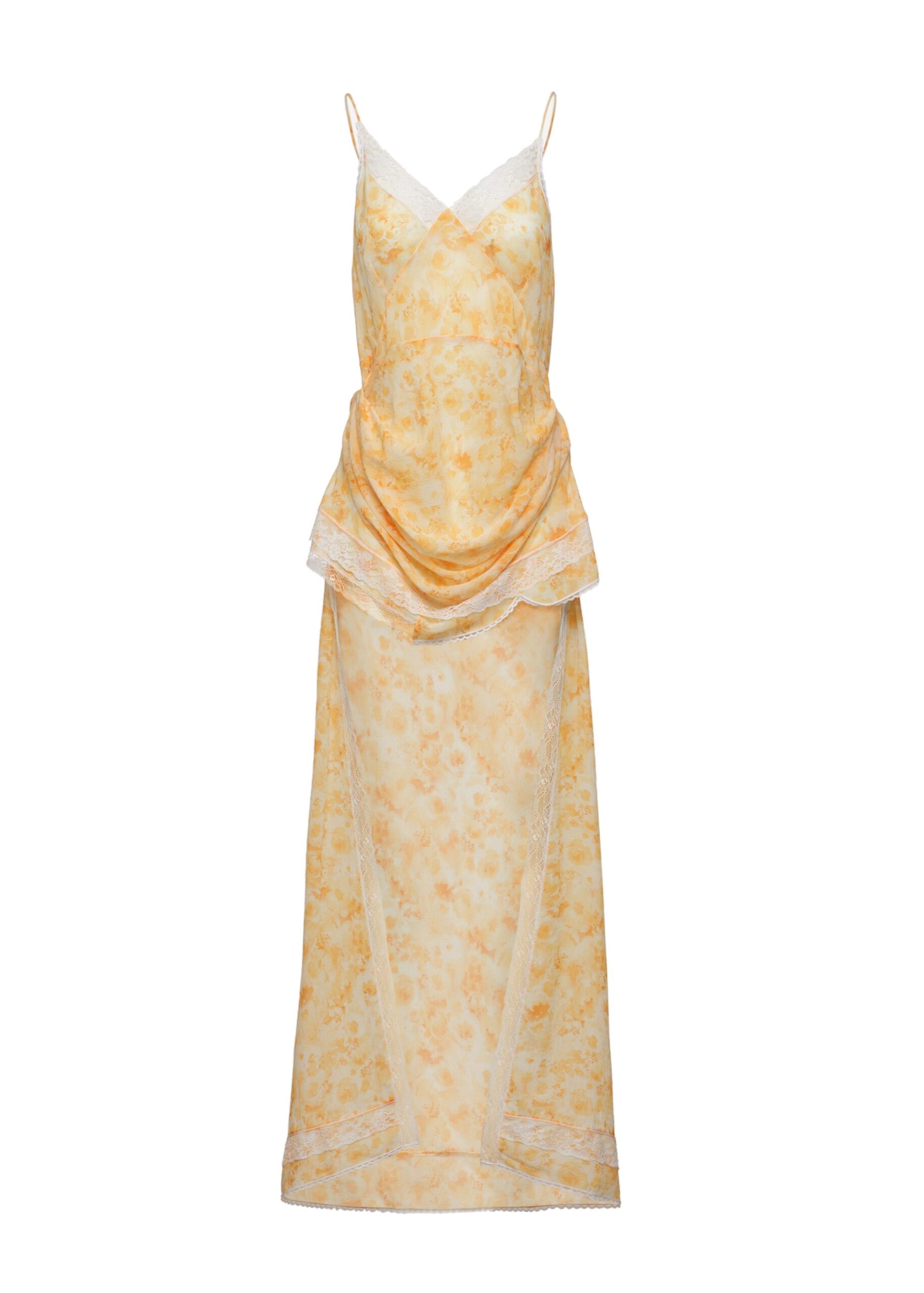 Magda Butrym Asymmetric lace-trim slip dress in yellow print | Luxury Shoes Magda Butrym Asymmetric lace-trim slip dress in yellow print