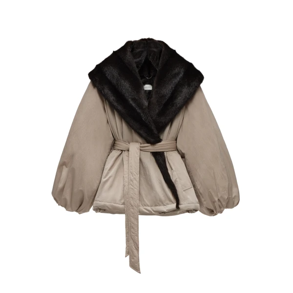 Belted faux fur collar jacket in beige