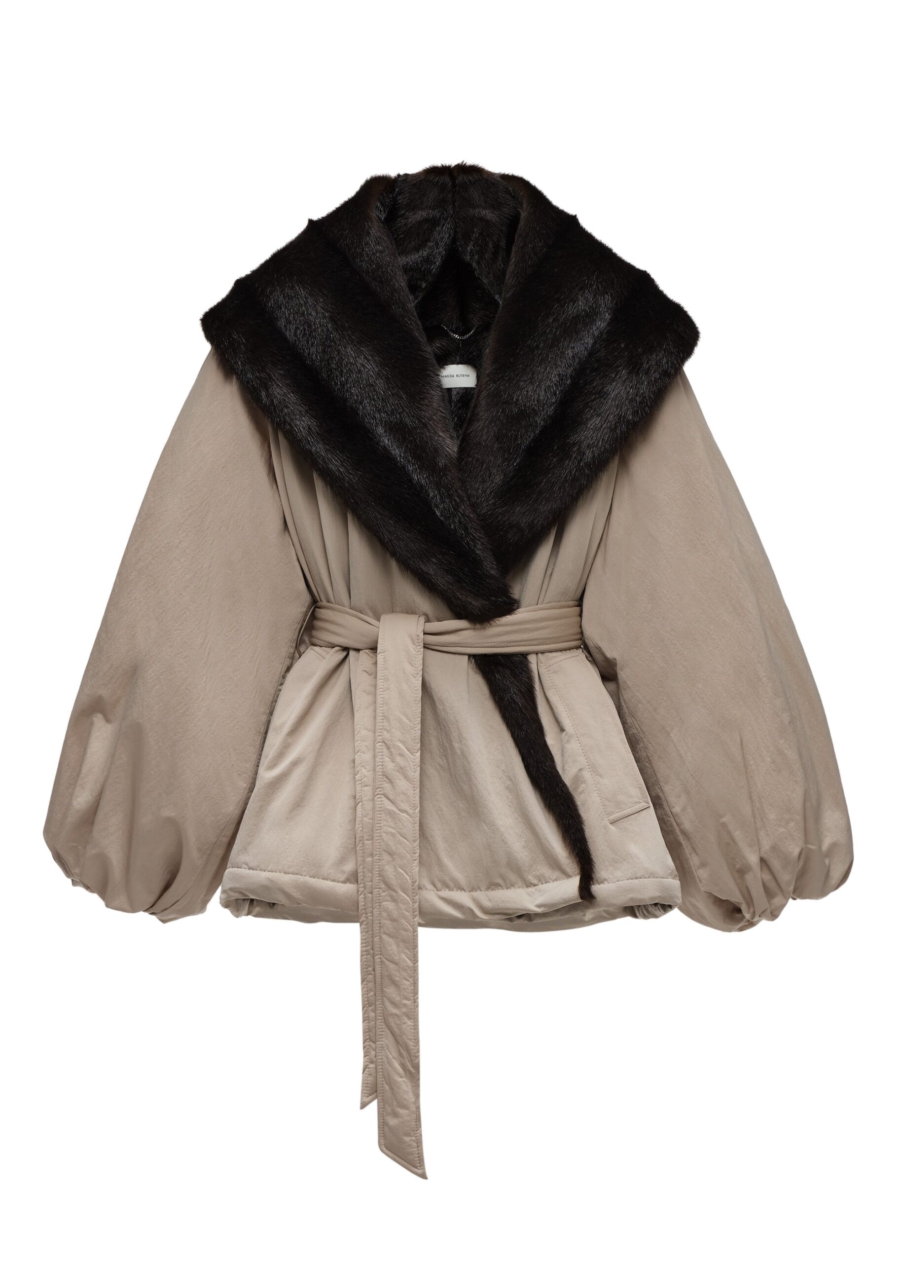 Magda Butrym Belted faux fur collar jacket in beige | Luxury Shoes Magda Butrym Belted faux fur collar jacket in beige
