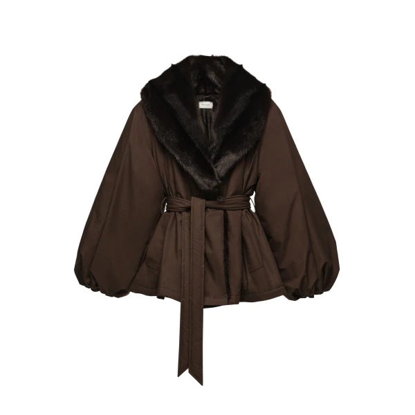 Belted faux fur collar jacket in brown
