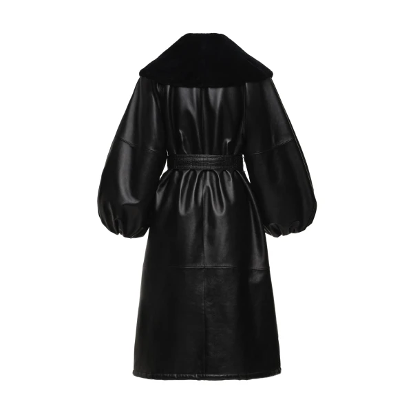 Belted fur collar leather coat in black - Image 2