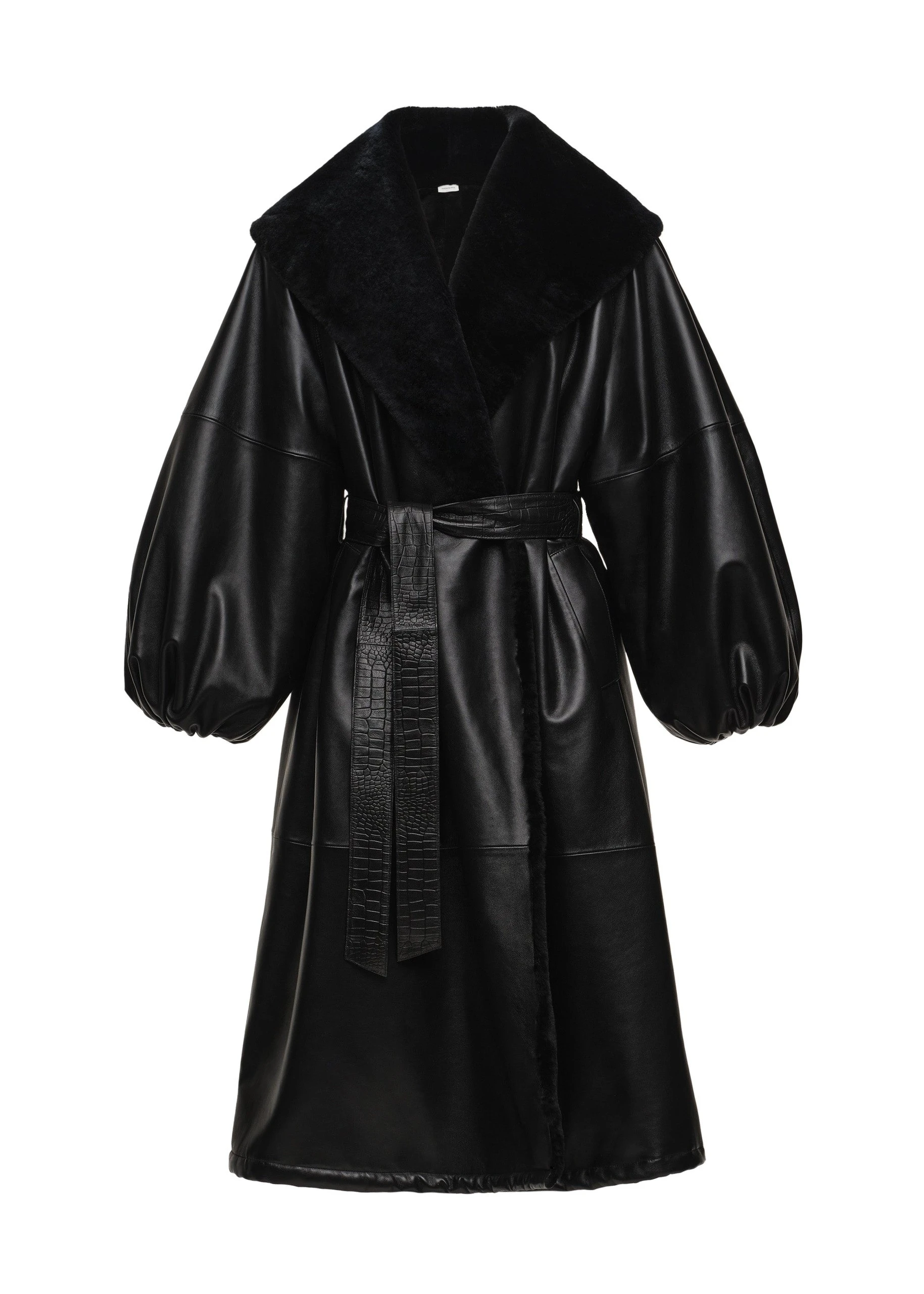 Magda Butrym Belted fur collar leather coat in black | Luxury Shoes Magda Butrym Belted fur collar leather coat in black