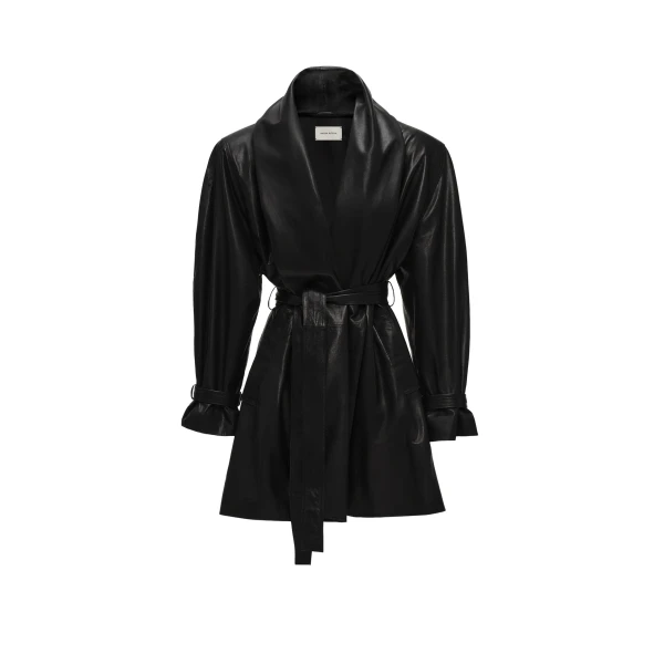 Belted leather jacket with draped collar in black