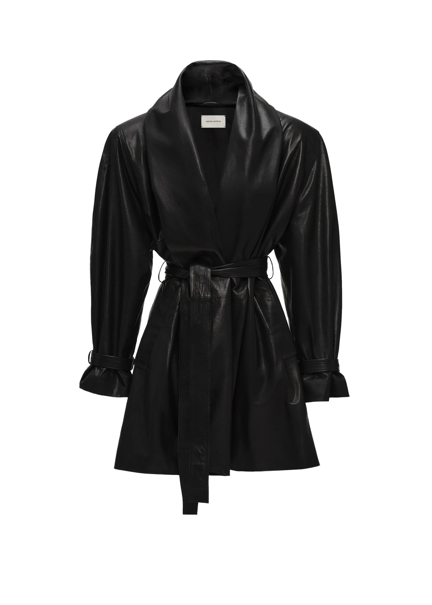 Magda Butrym Belted leather jacket with draped collar in black | Luxury Shoes Magda Butrym Belted leather jacket with draped collar in black
