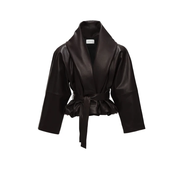 Magda Butrym Belted peplum leather jacket in dark brown