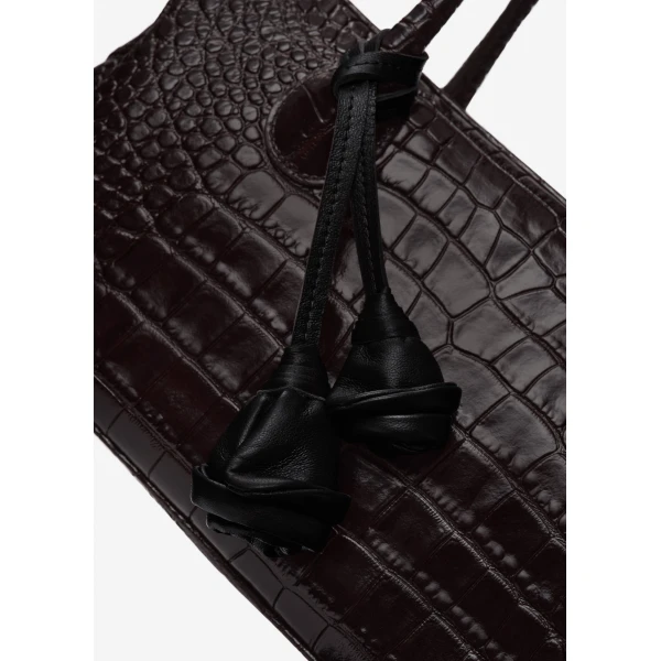 Brigitte in dark brown croco-embossed leather with flower charm - Image 3