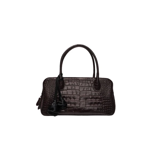 Brigitte in dark brown croco-embossed leather with flower charm