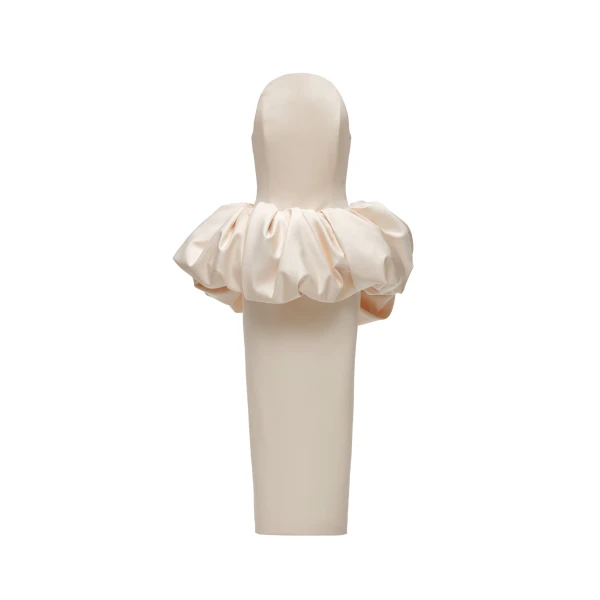 Bubble peplum column gown in cream
