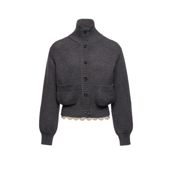 Magda Butrym Cinched wool cardigan with high collar and lace trim in grey