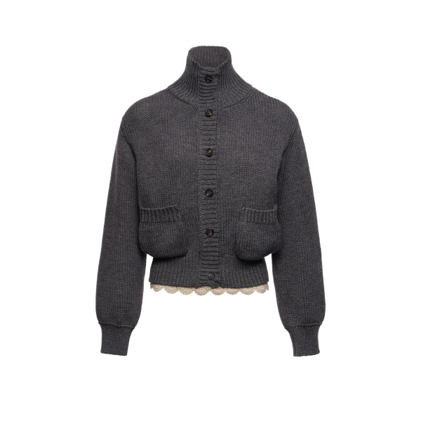 Cinched wool cardigan with high collar and lace trim in grey