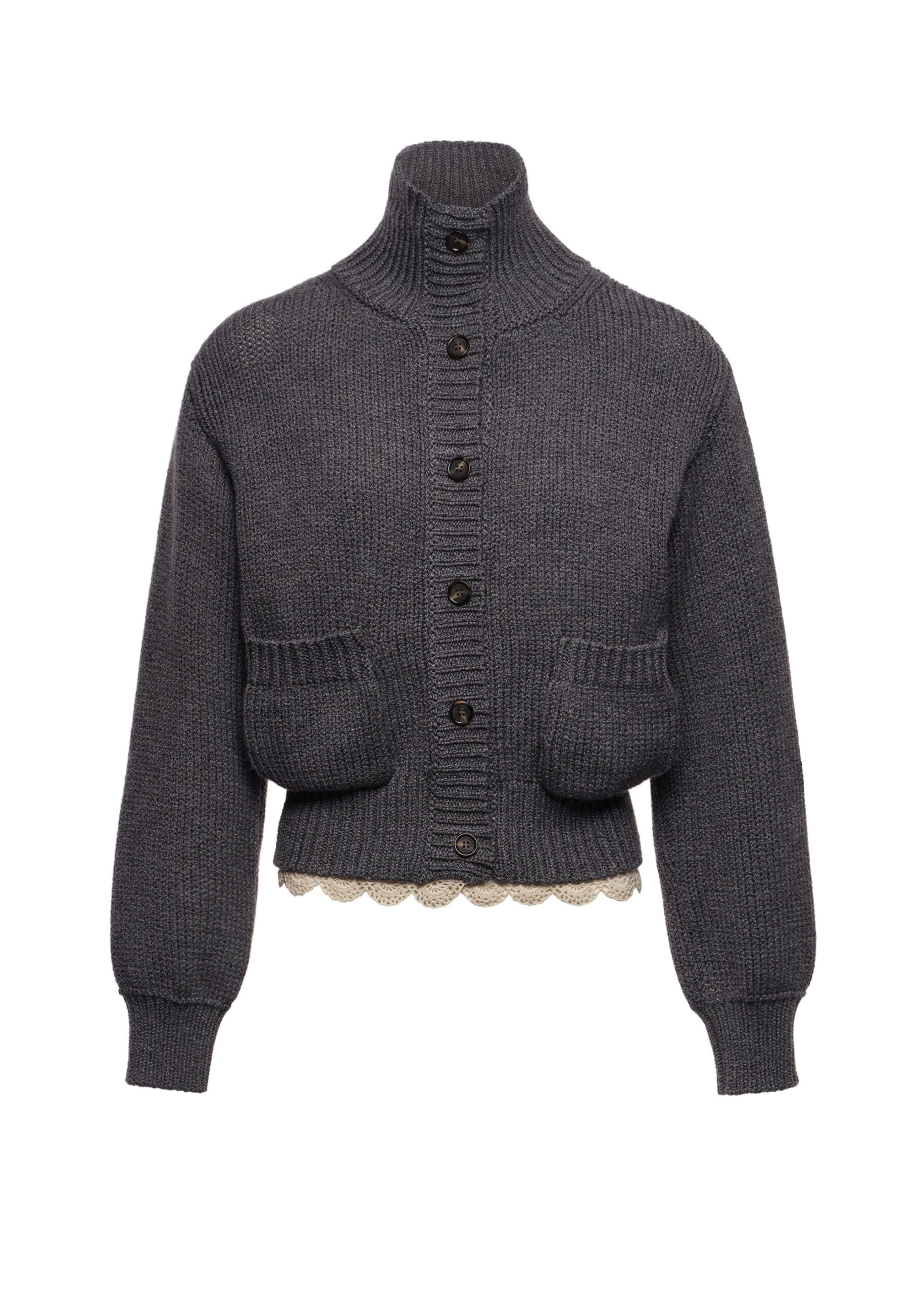 Magda Butrym Cinched wool cardigan with high collar and lace trim in grey | Luxury Shoes Magda Butrym Cinched wool cardigan with high collar and lace trim in grey