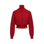 Magda Butrym Cinched wool cardigan with high collar and lace trim in red