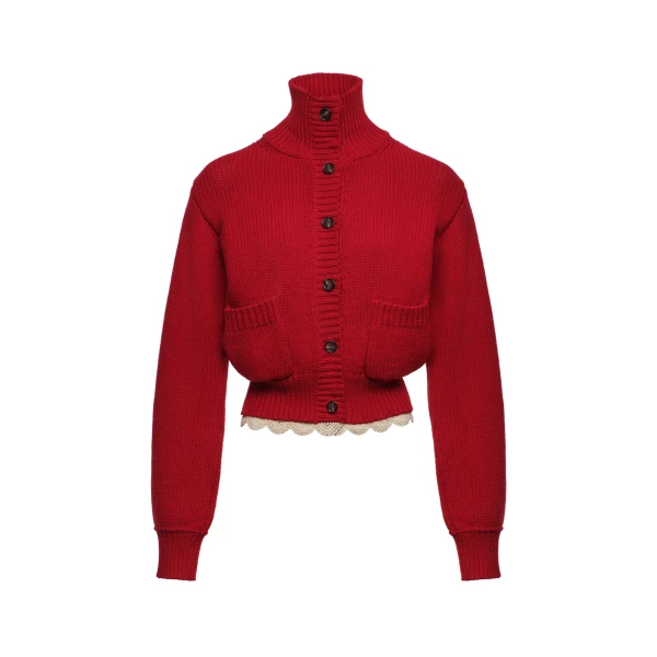 Cinched wool cardigan with high collar and lace trim in red
