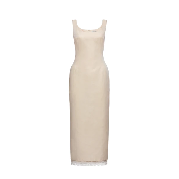 Contoured midi dress with lace hem in cream
