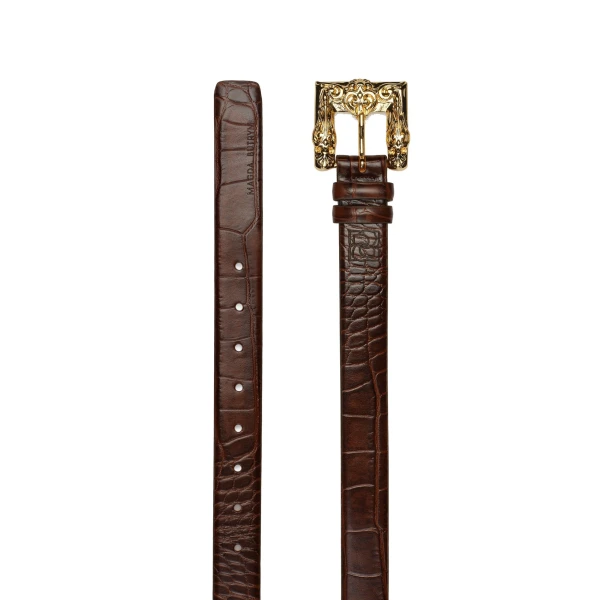 Croc-effect leather belt with ornamental gold buckle in brown