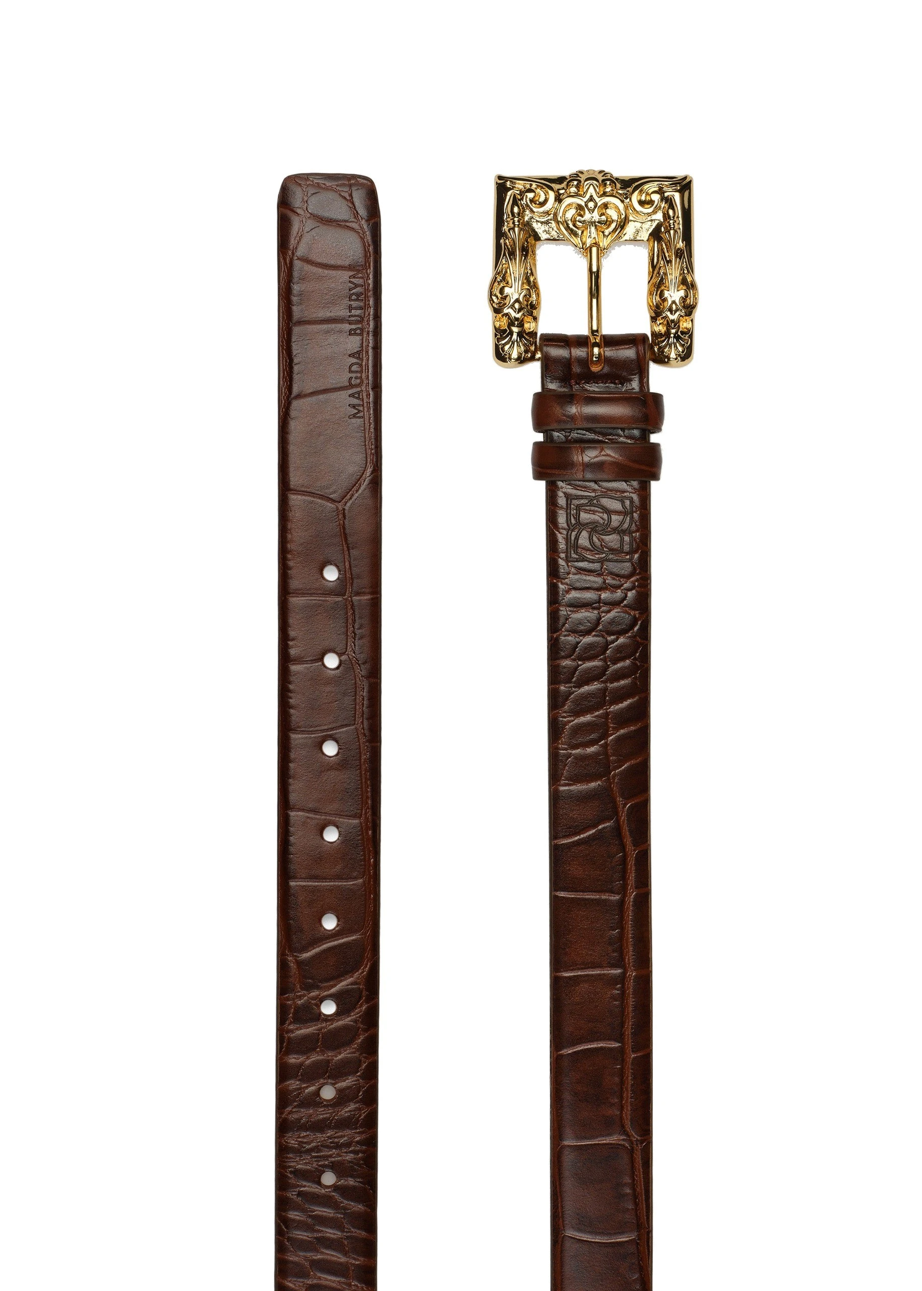 Magda Butrym Croc-effect leather belt with ornamental gold buckle in brown | Luxury Shoes Magda Butrym Croc-effect leather belt with ornamental gold buckle in brown