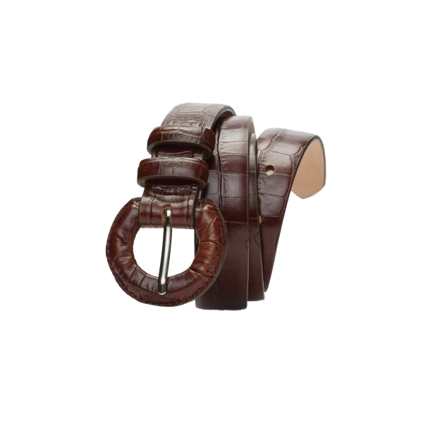Croc-effect leather belt with rounded buckle in brown - Image 2