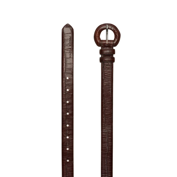 Croc-effect leather belt with rounded buckle in brown