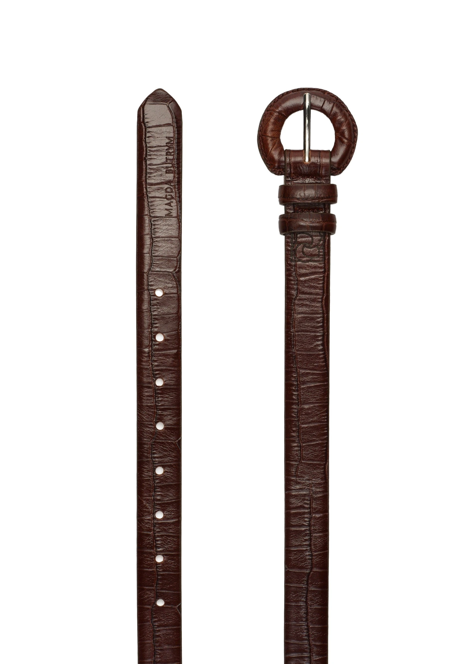 Magda Butrym Croc-effect leather belt with rounded buckle in brown | Luxury Shoes Magda Butrym Croc-effect leather belt with rounded buckle in brown